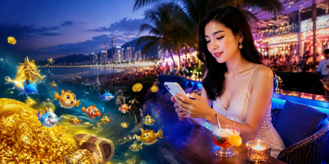 Người dùng tại bãi biển Nha Trang truy cập mobile casino trên điện thoại
